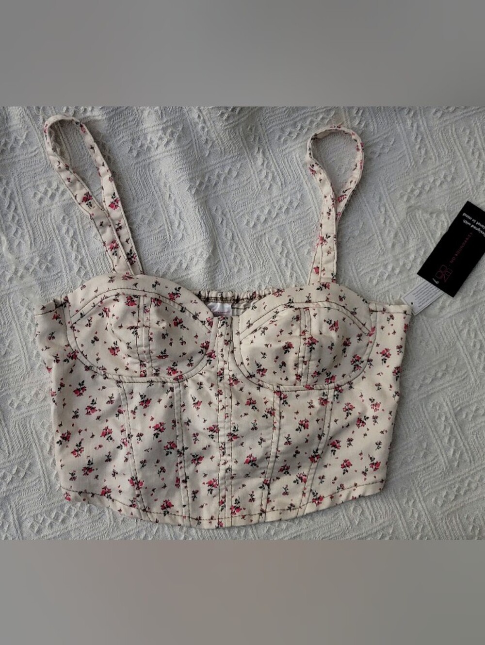No Boundaries Denim Corset Top in Ivory Pink Floral Small NWT